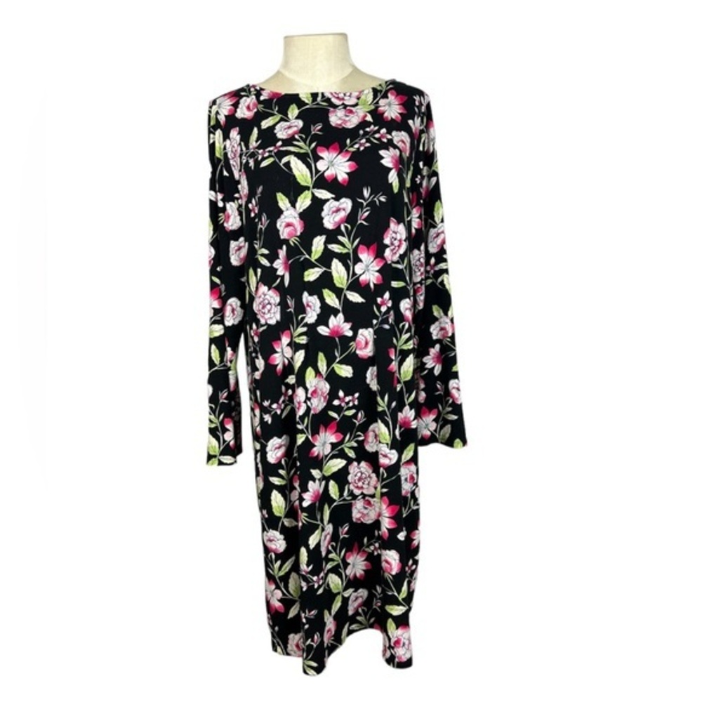 J. Jill Wearever Black Body Pink Floral Long Sleeve Slip-On Soft Dress Size L